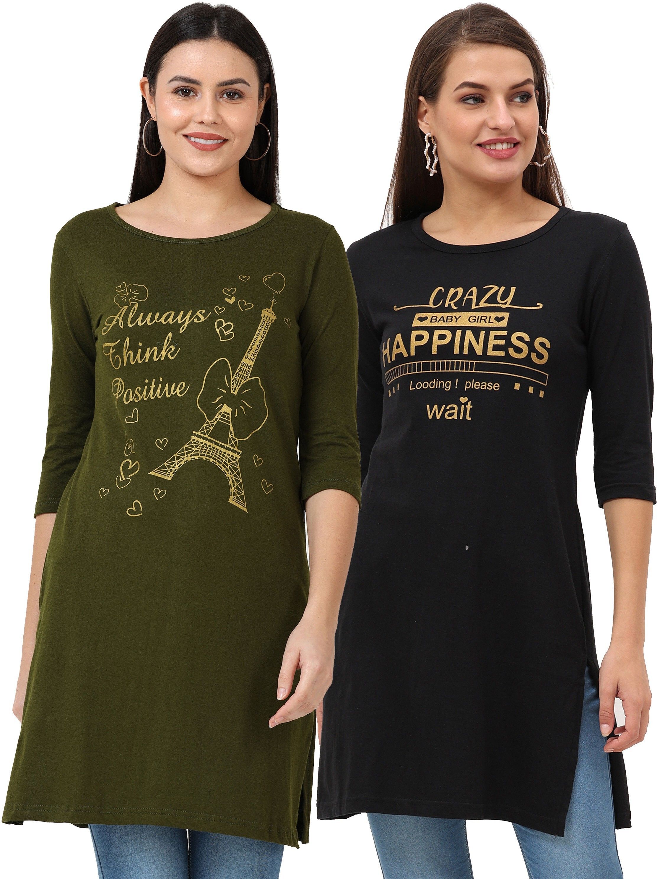 fleximaa Pack of 2 Womens 3/4 Printed Long Tops Women Printed Round Neck Pure Cotton Multicolor T-Shirt-picture-11