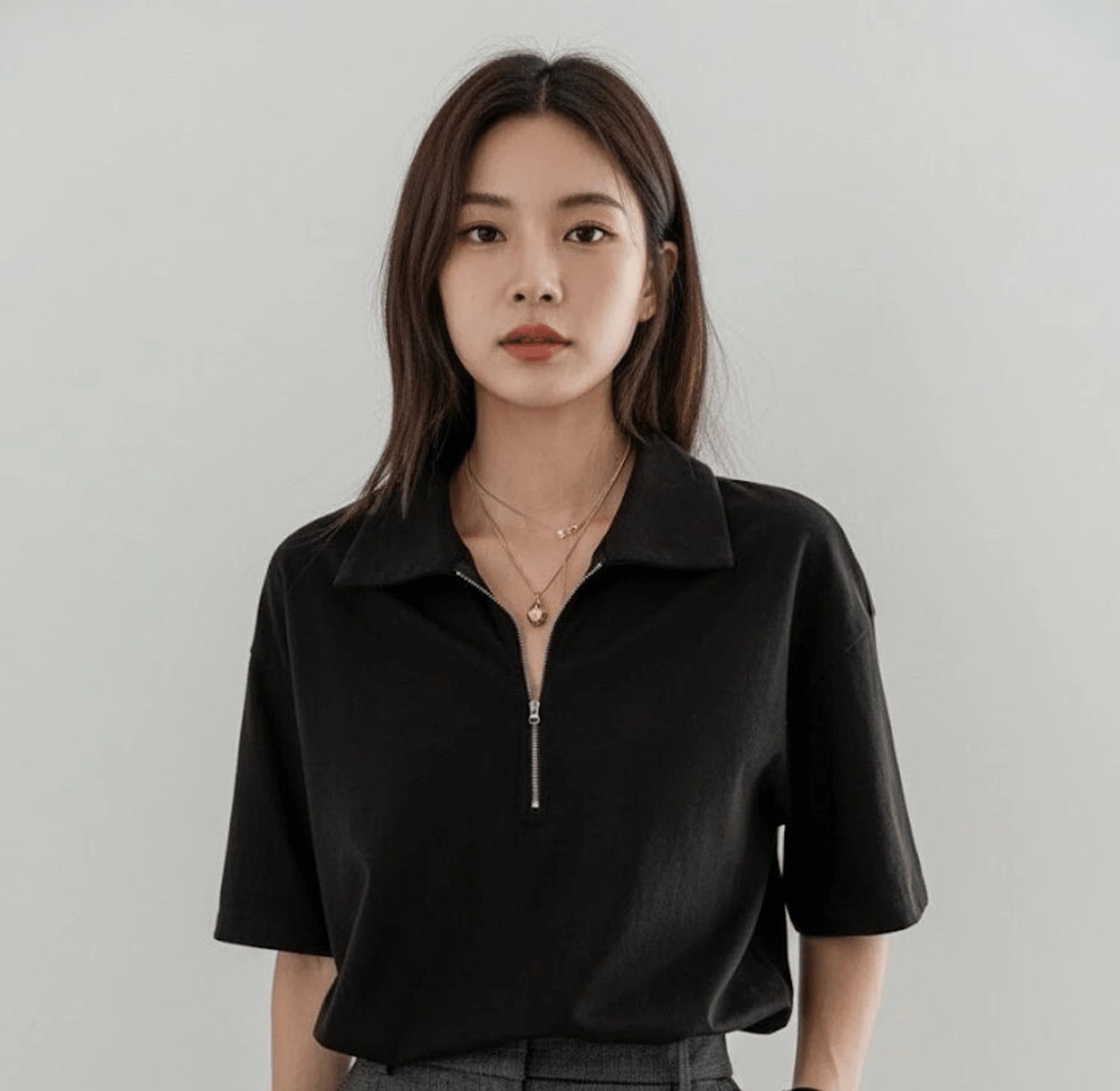 mk digital Women Solid Zip Neck Cotton Blend Black T-Shirt-picture-11