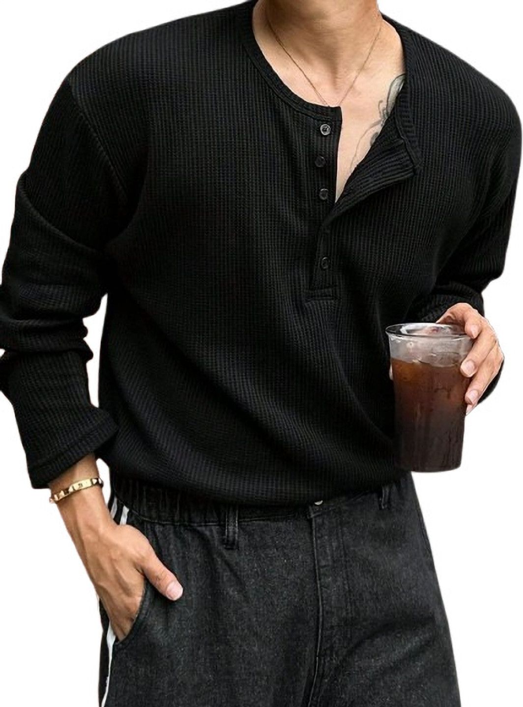 lifemoon Men Self Design Henley Neck Cotton Blend Black T-Shirt-picture-16