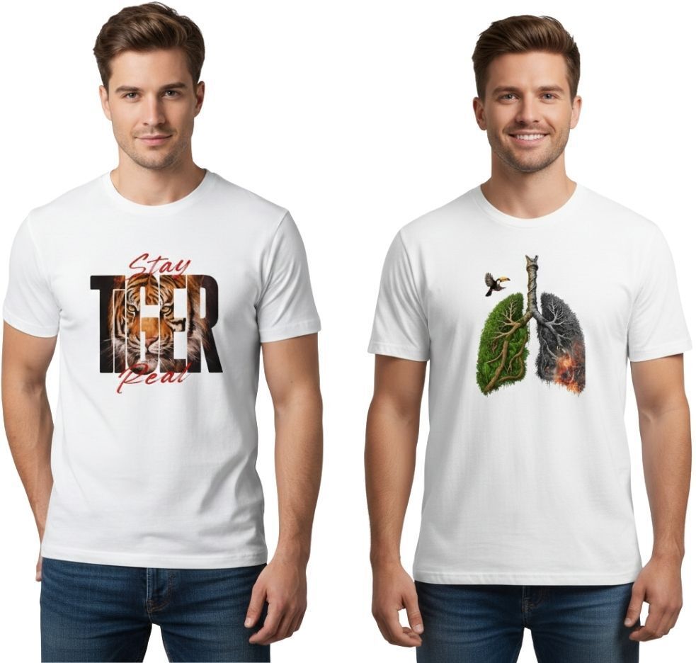 vkv fshion Pack of 2 Men Graphic Print Round Neck Cotton Blend White T-Shirt-picture-22