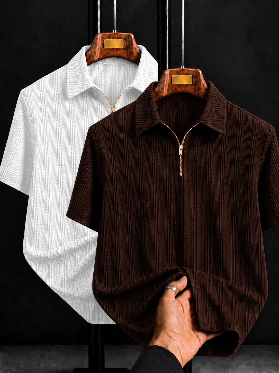 mozero Pack of 2 Men Self Design Zip Neck Polycotton White, Brown T-Shirt-picture-20