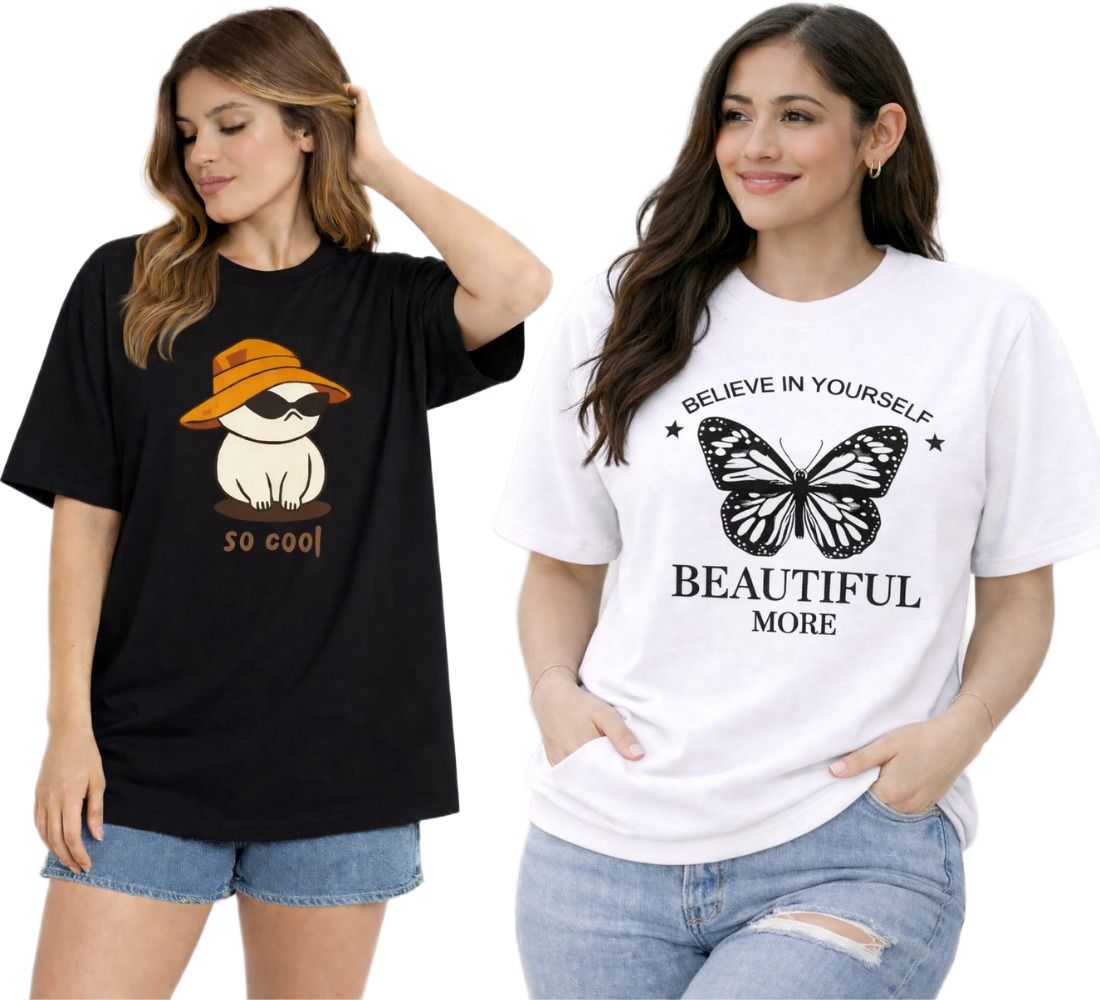 Women Printed Round Neck Cotton Blend Black, White T-Shirt