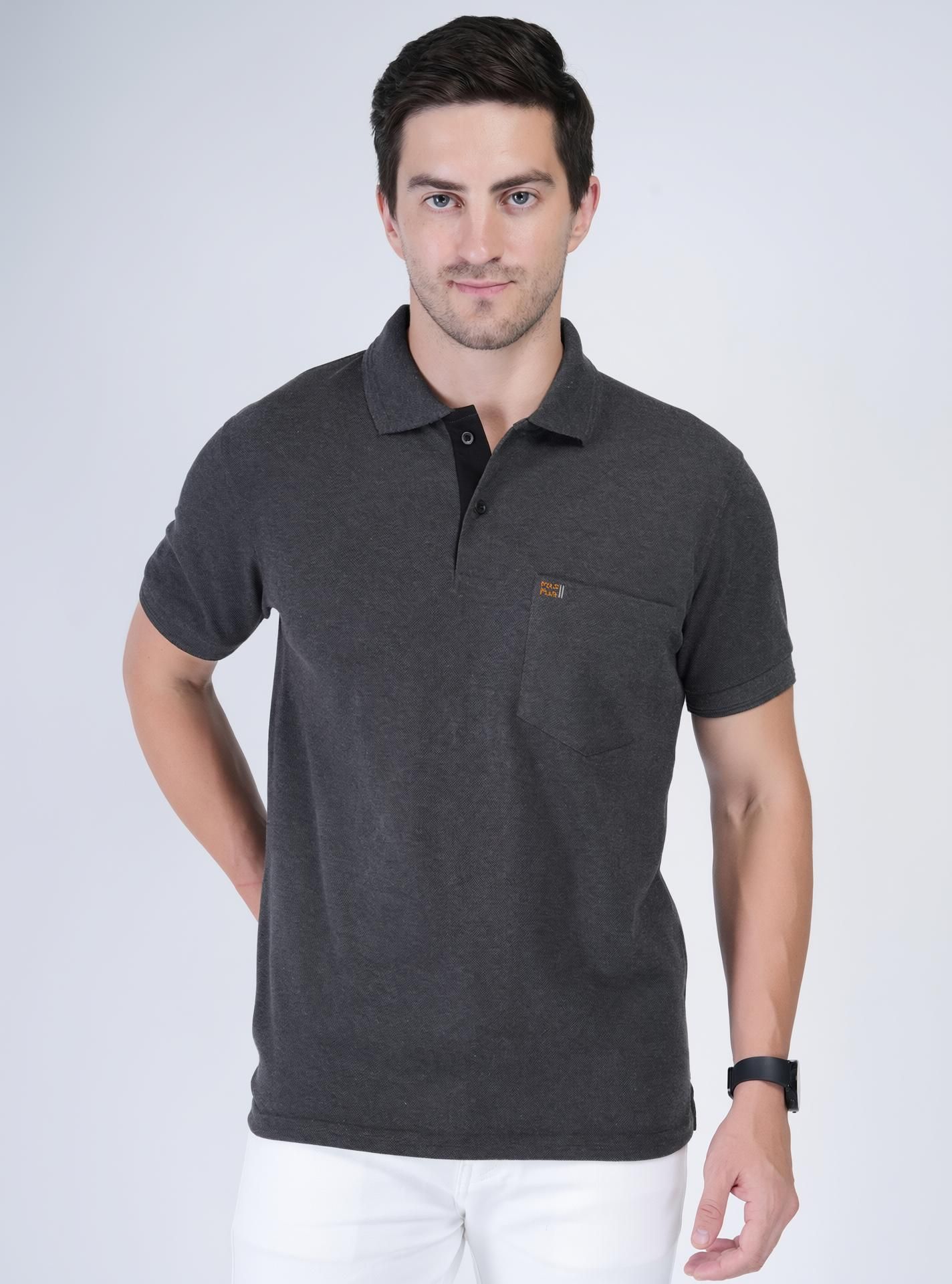 Men Solid Polo Neck Pure Cotton Grey T-Shirt-image-19