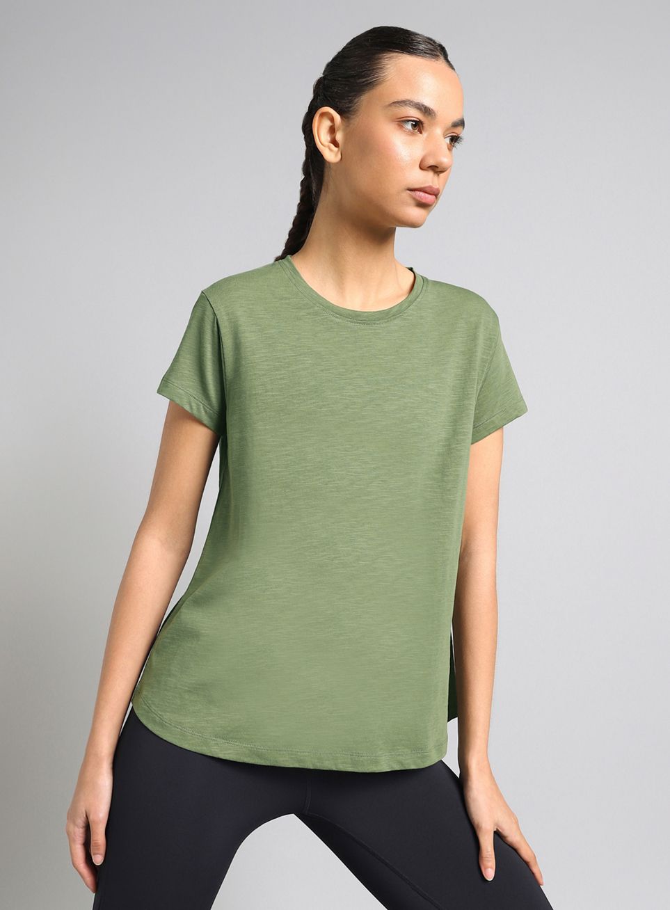 Women Solid Round Neck Pure Cotton Green T-Shirt-image-18