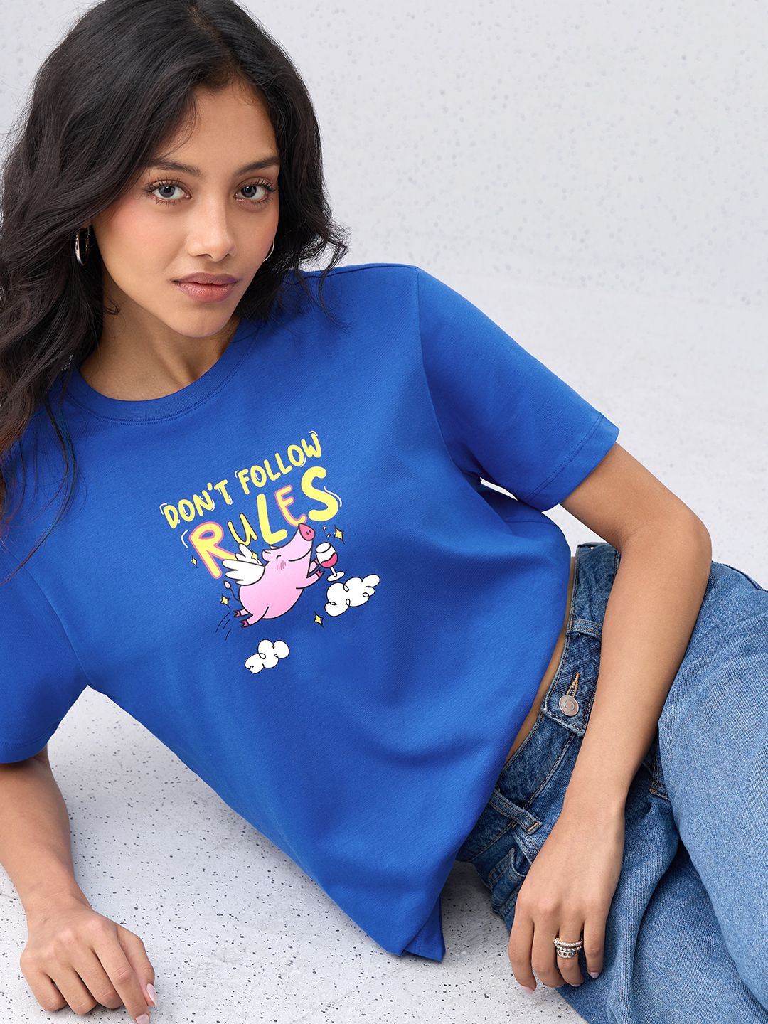 the souled store Women Typography Round Neck Pure Cotton Blue T-Shirt-picture-12