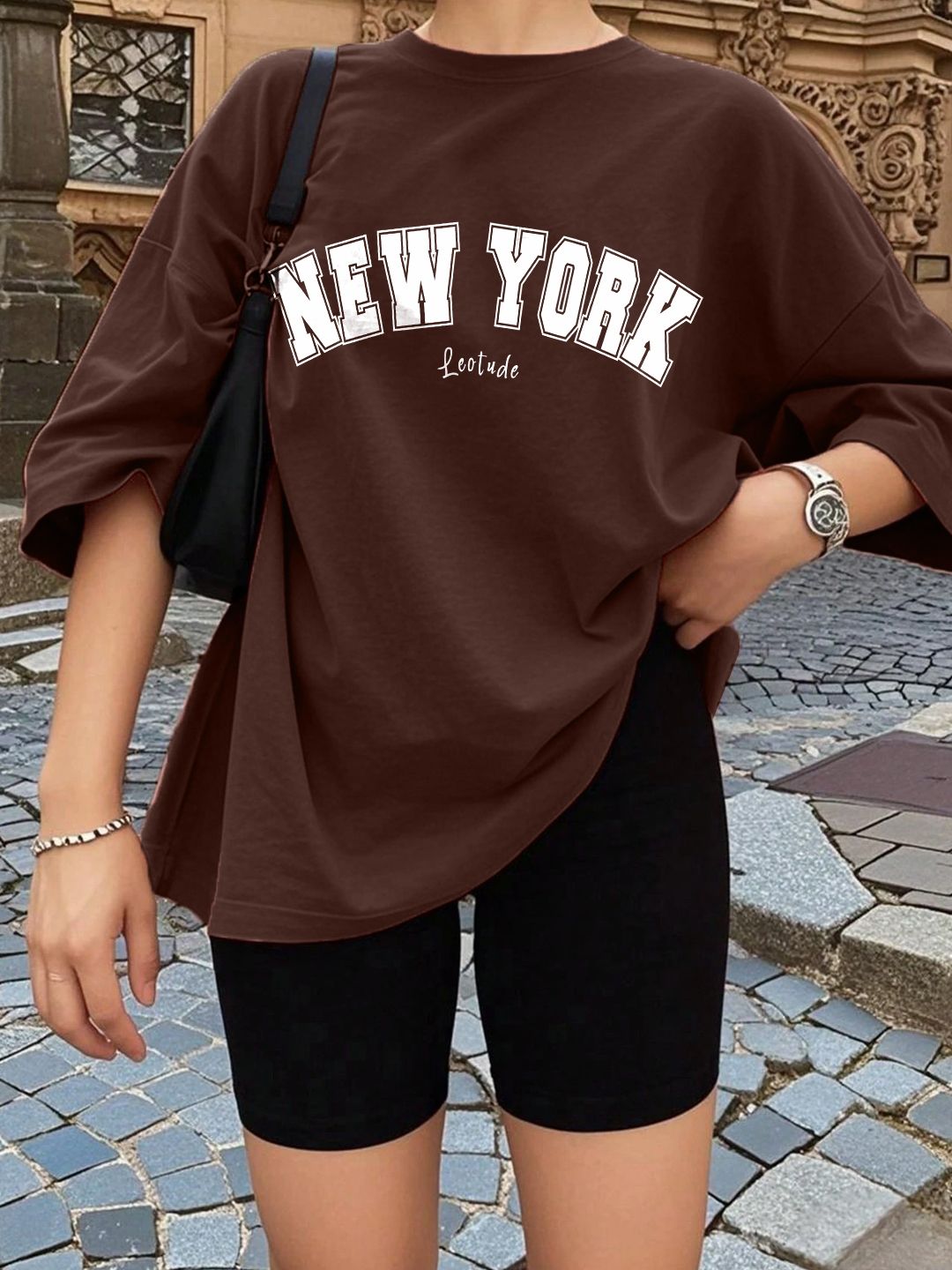 leotude Women Printed Round Neck Cotton Blend Brown T-Shirt-picture-34
