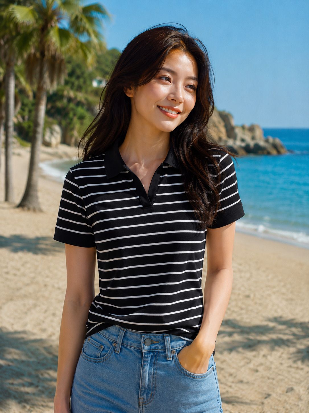 smart colors Women Striped Polo Neck Cotton Blend Black, White T-Shirt-picture-27