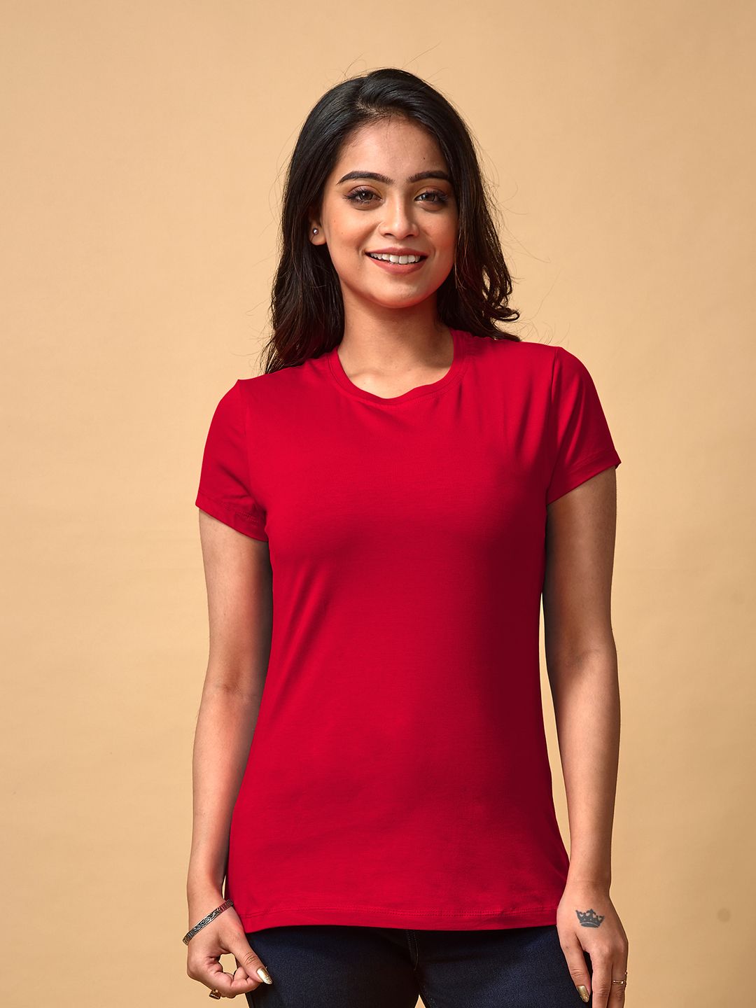 lyra Women Solid Round Neck Pure Cotton Red T-Shirt-picture-39