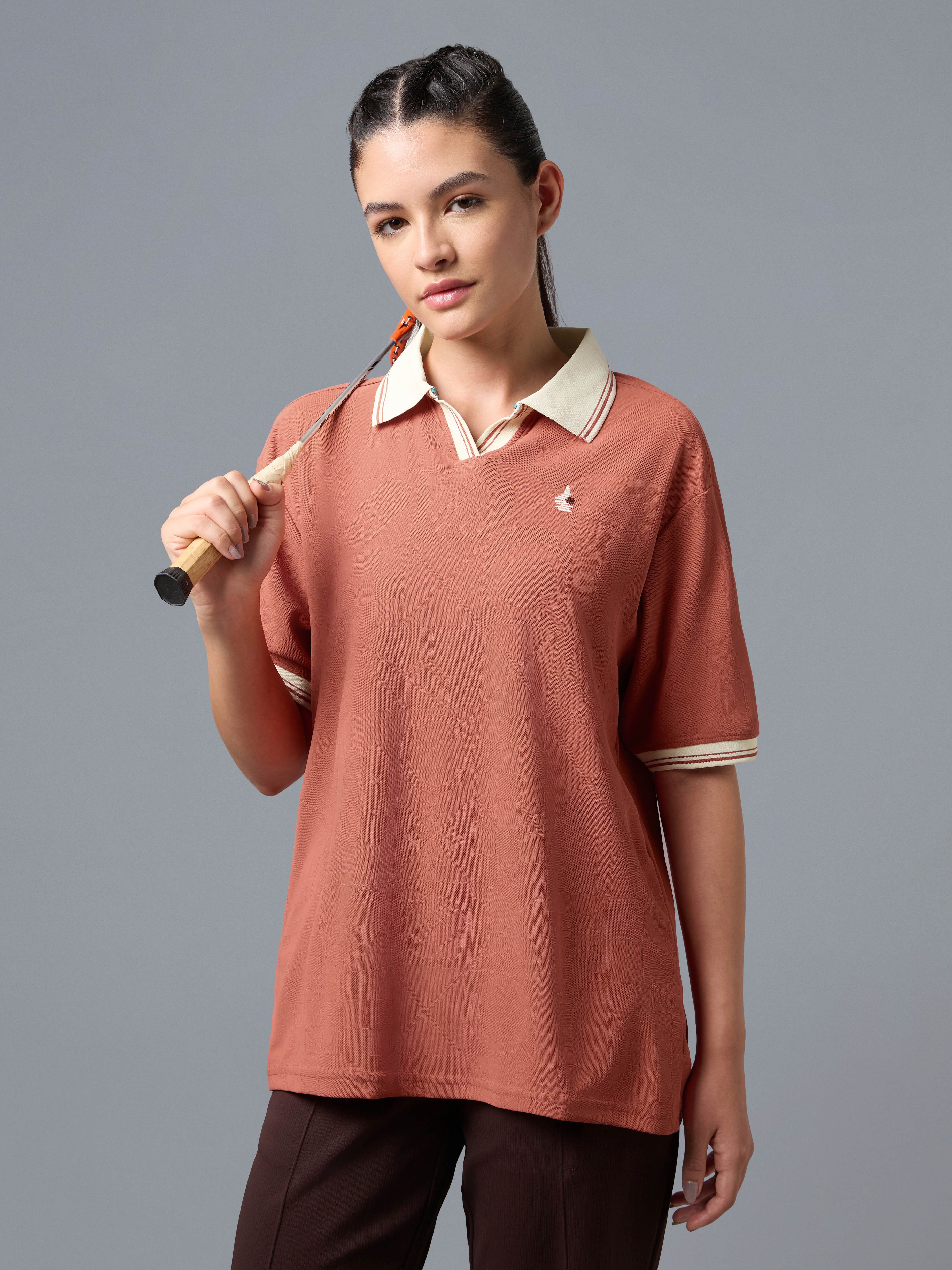 technosport Women Self Design Polo Neck Polyester Red T-Shirt-picture-19