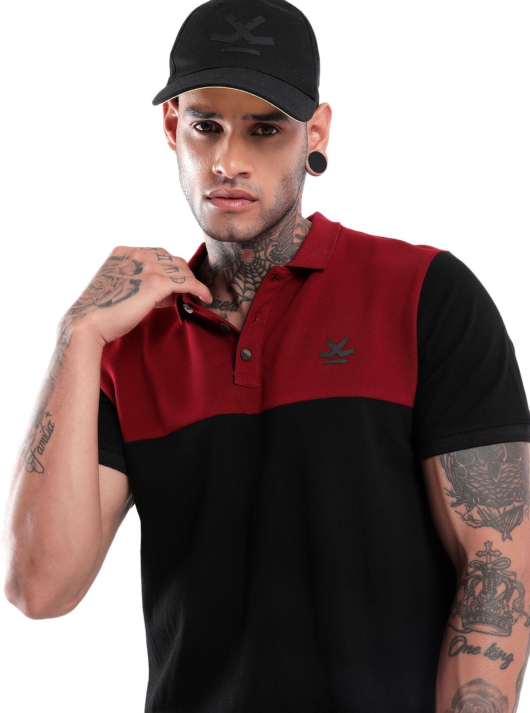 Men Colorblock Polo Neck Pure Cotton Black T-Shirt-image-41
