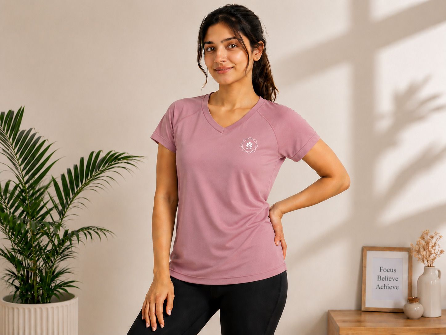 duyoura Women Solid V Neck Cotton Blend Pink T-Shirt-picture-30