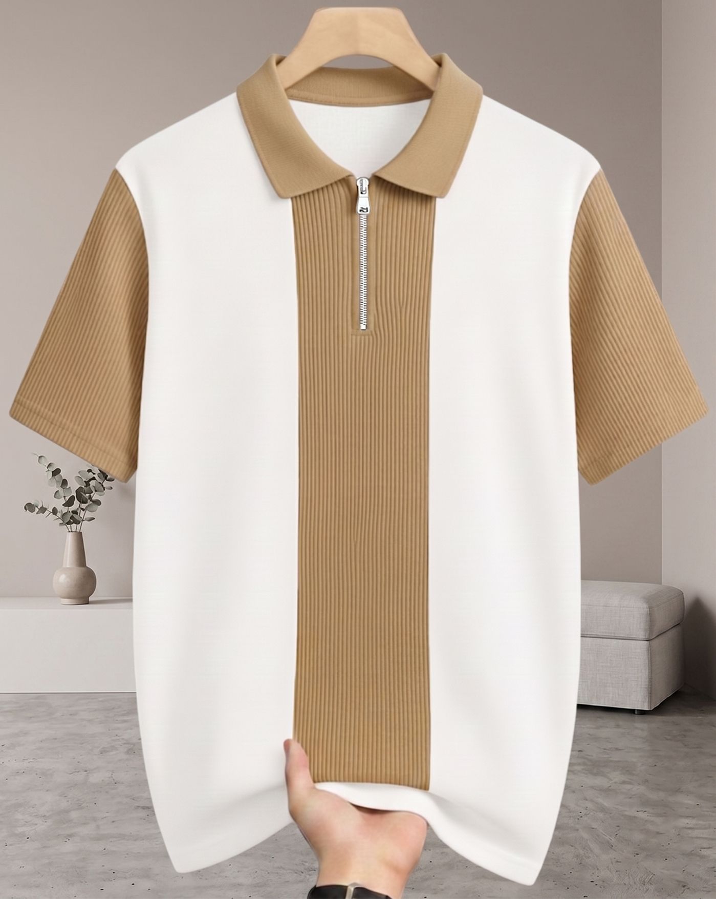 Women Colorblock Polo Neck Cotton Blend White, Beige T-Shirt-image-22