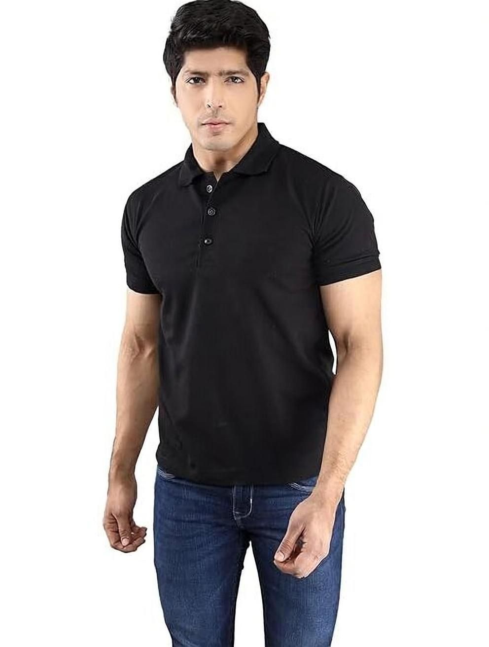 keoti Men Solid Polo Neck Cotton Blend Black T-Shirt-picture-15