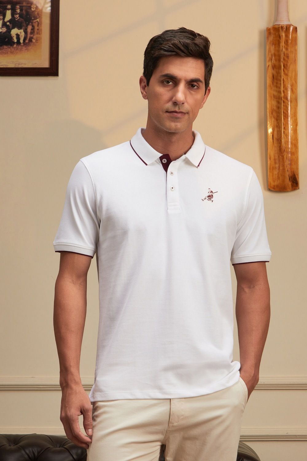 peter england Men Self Design Polo Neck Pure Cotton White T-Shirt-picture-32