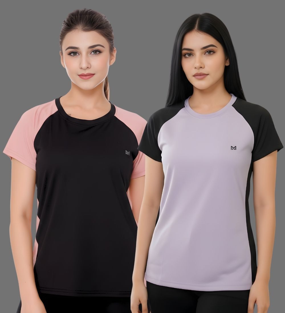 white moon Pack of 2 Women Colorblock Round Neck Polyester Multicolor T-Shirt-picture-11