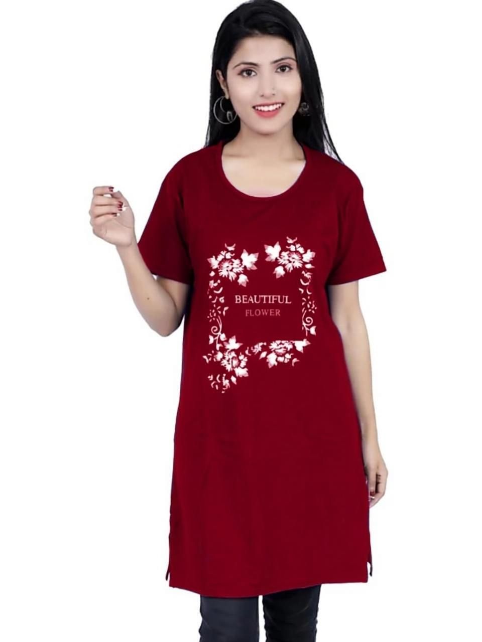 pg fashion Women Printed Round Neck Cotton Blend Maroon T-Shirt-picture-10