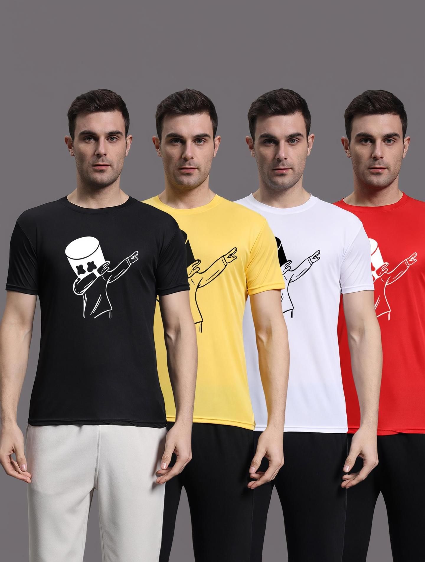 inktees Pack of 4 Men Graphic Print Round Neck Polyester Black, Red, Yellow, White T-Shirt-picture-26
