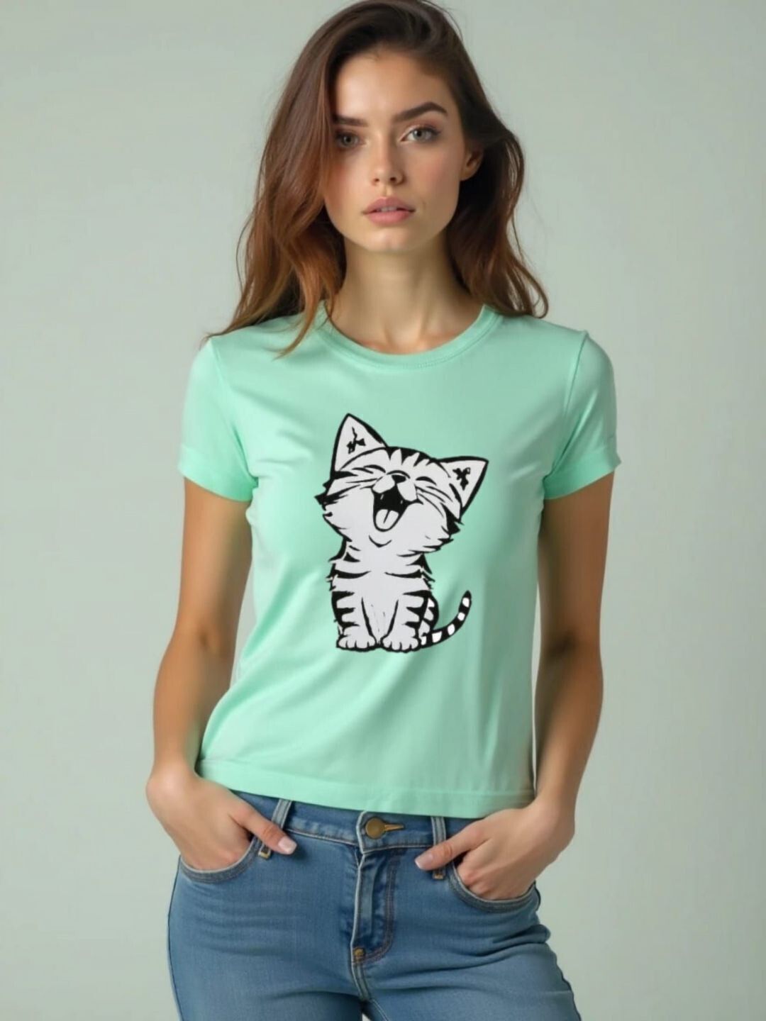 Women Printed Round Neck Polyester Green T-Shirt-image-10