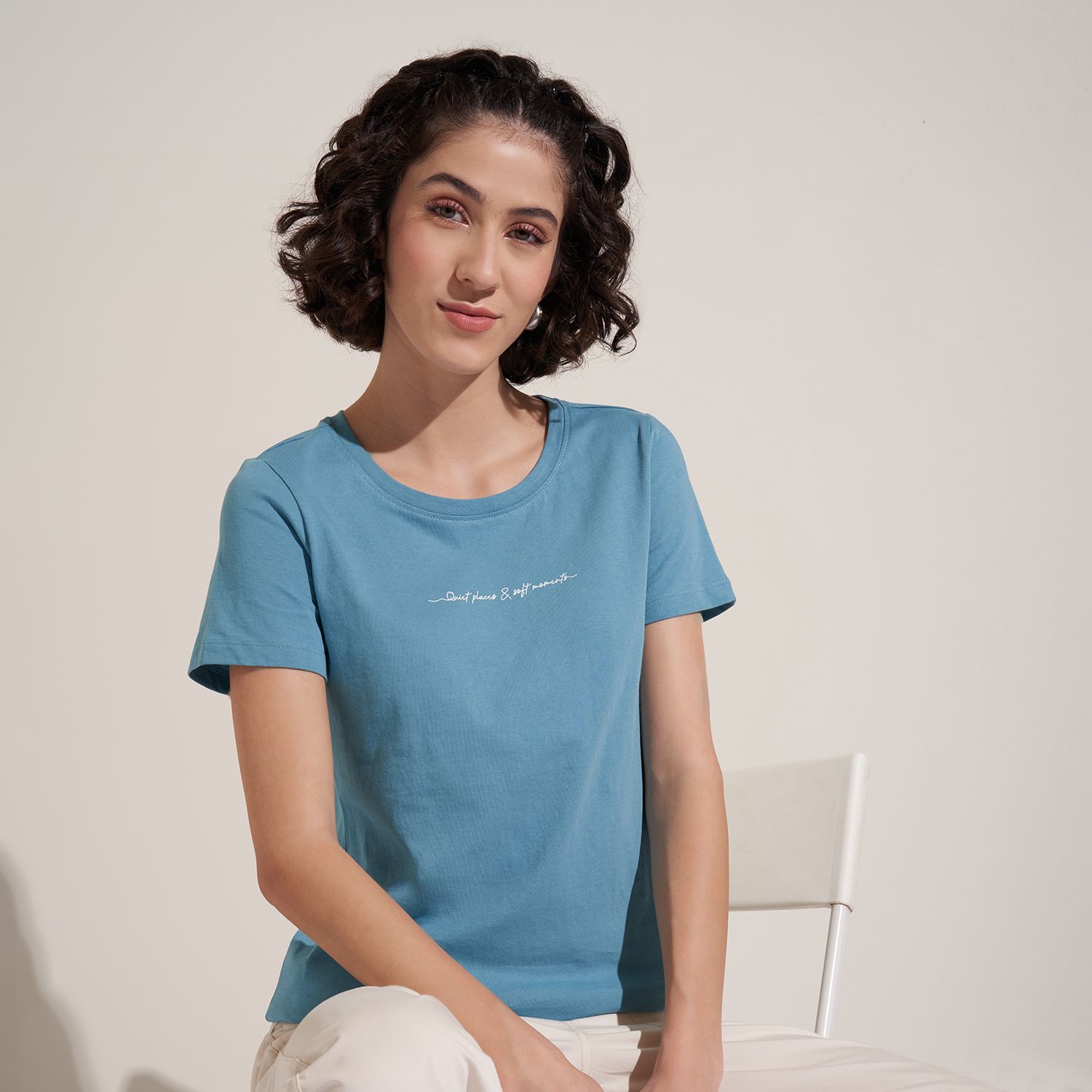 honey by pantaloons Women Solid Round Neck Cotton Blend Blue T-Shirt-picture-13