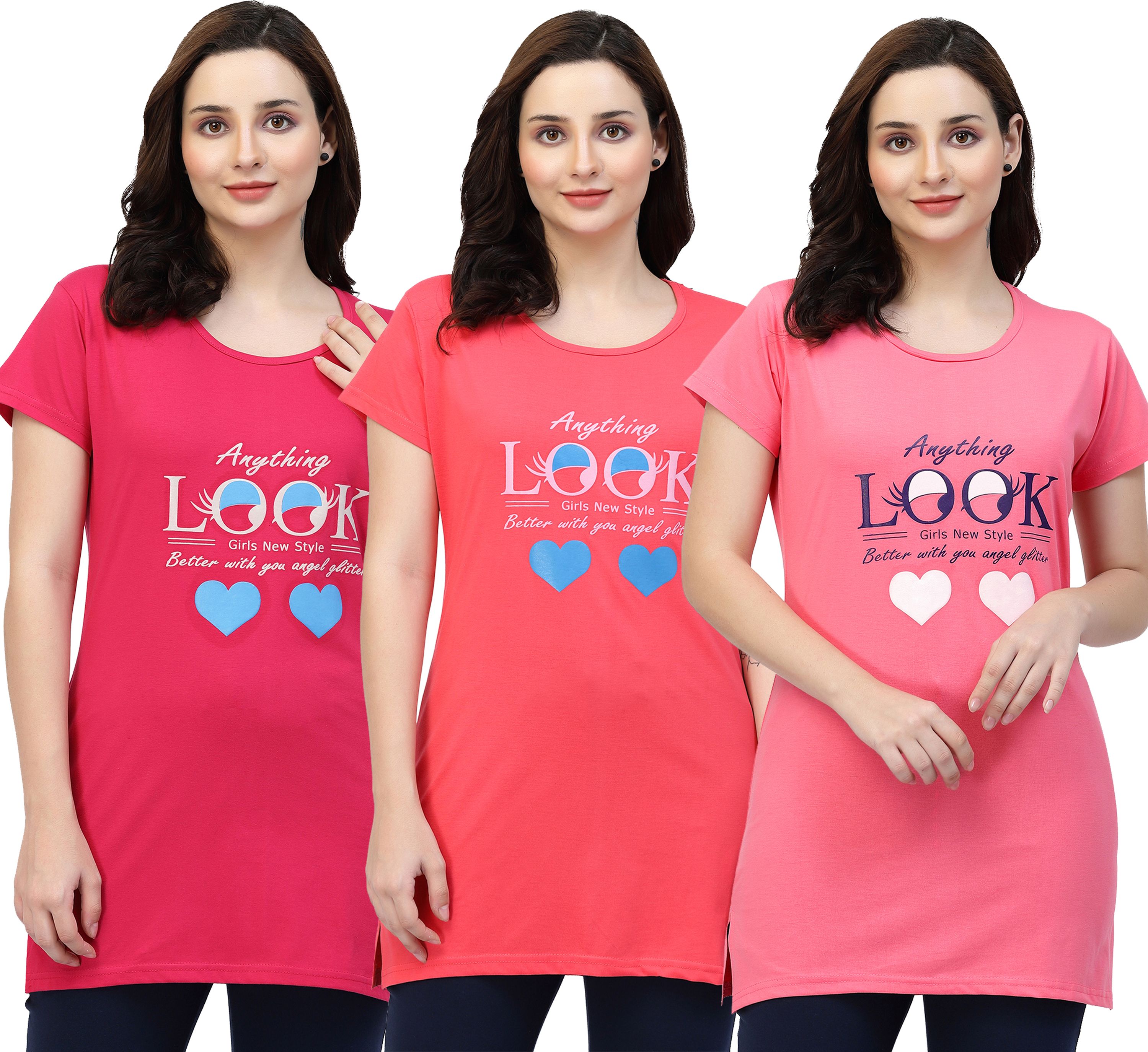Pack of 3 Women Printed Round Neck Pure Cotton Red, Orange, Pink T-Shirt-image-47