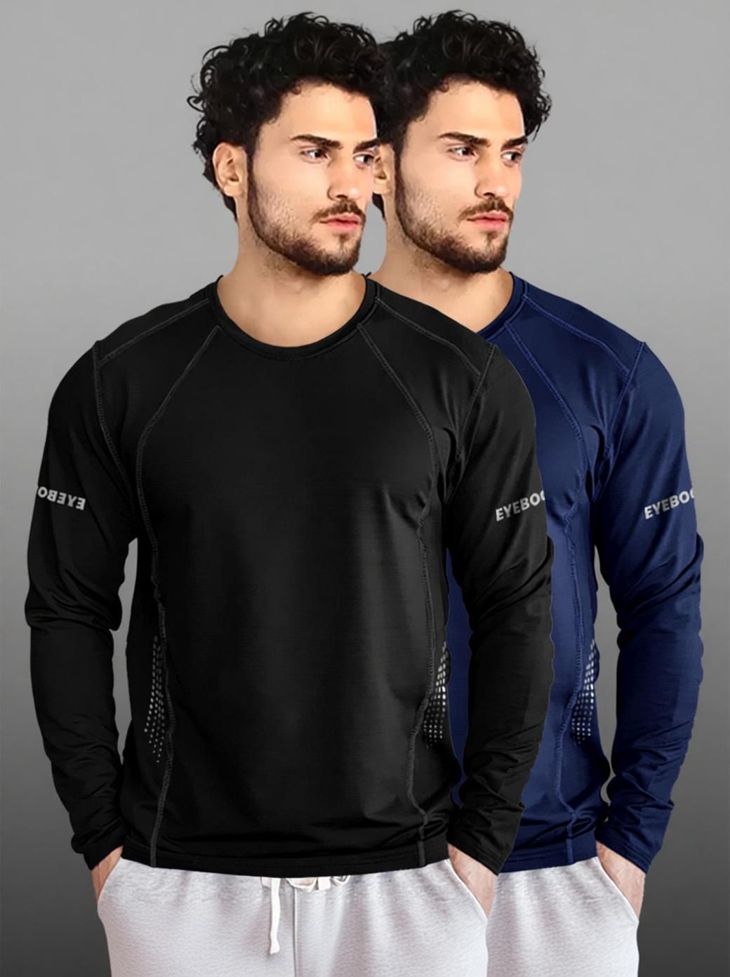 eyebogler Pack of 2 Men Solid Round Neck Polyester Black, Navy Blue T-Shirt-picture-20