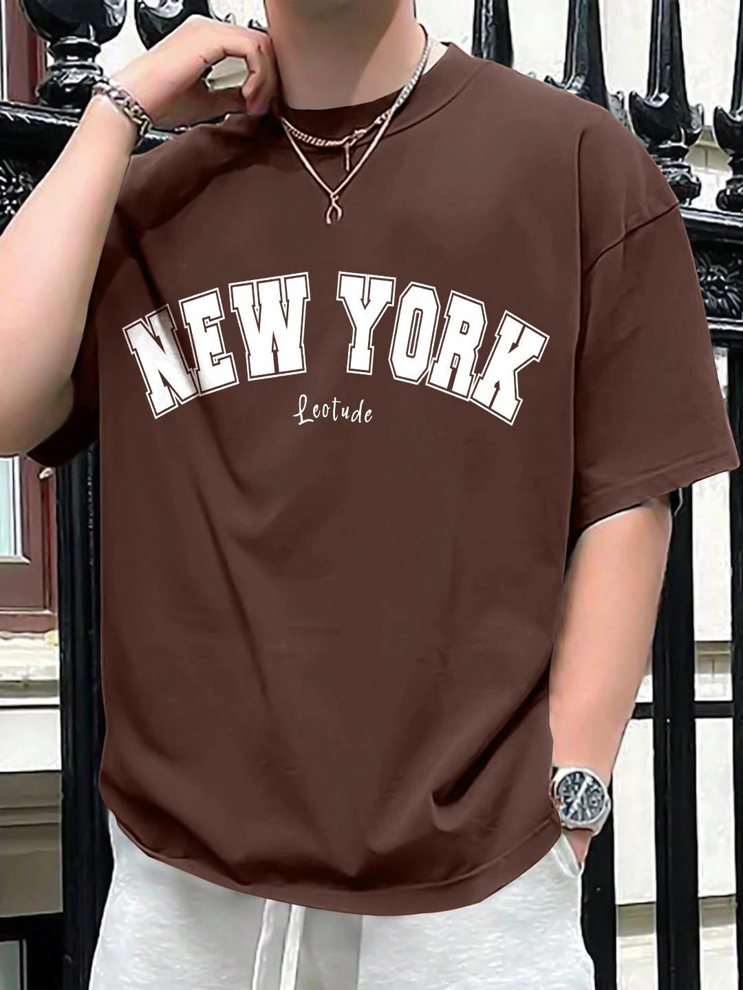 Men Printed Round Neck Cotton Blend Brown T-Shirt