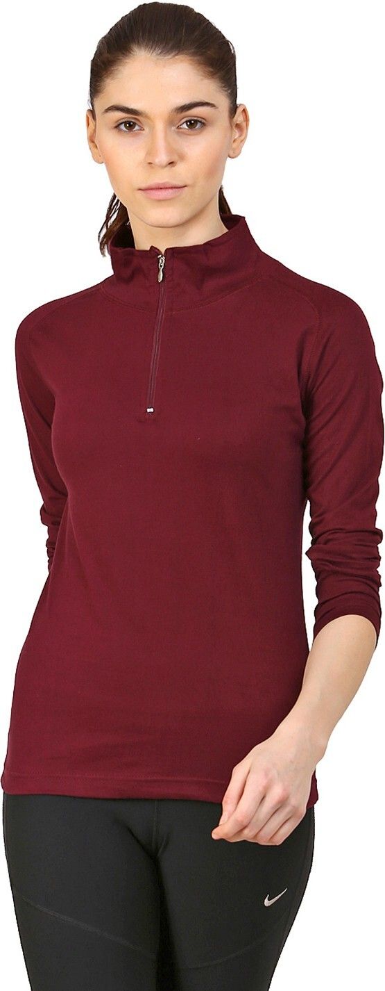 Women Solid High Neck Pure Cotton Maroon T-Shirt-image-27