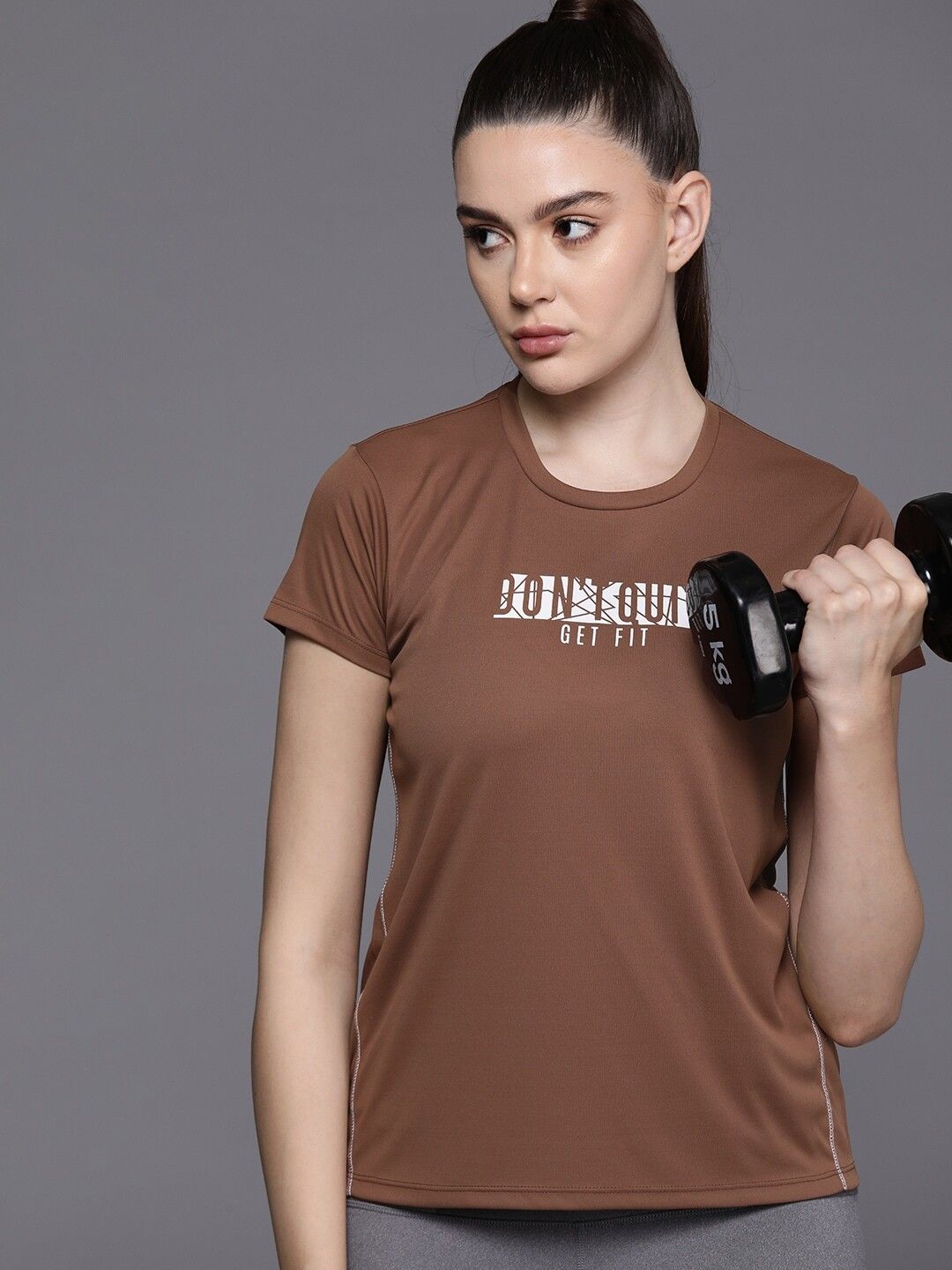 Women Printed Round Neck Polyester Brown T-Shirt
