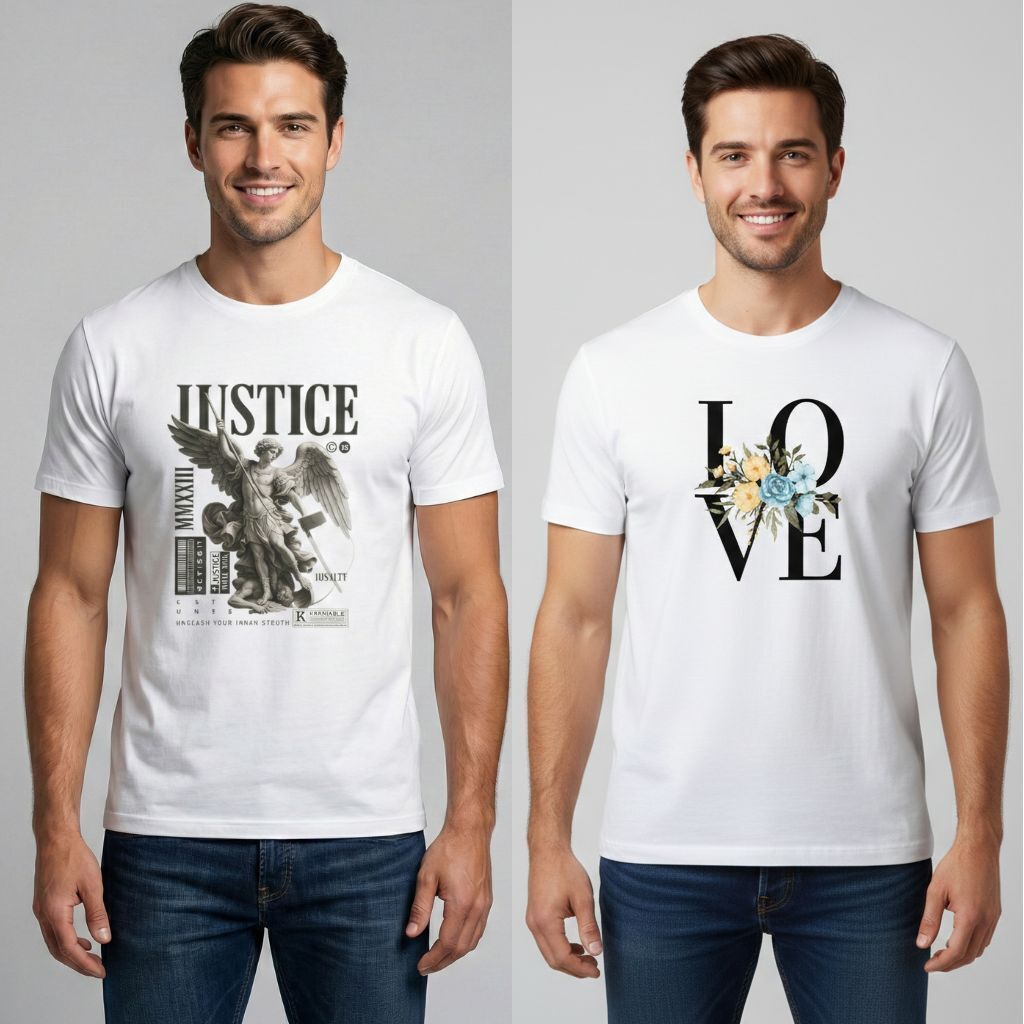vkv fshion Pack of 2 Men Graphic Print Round Neck Cotton Blend White T-Shirt-picture-23