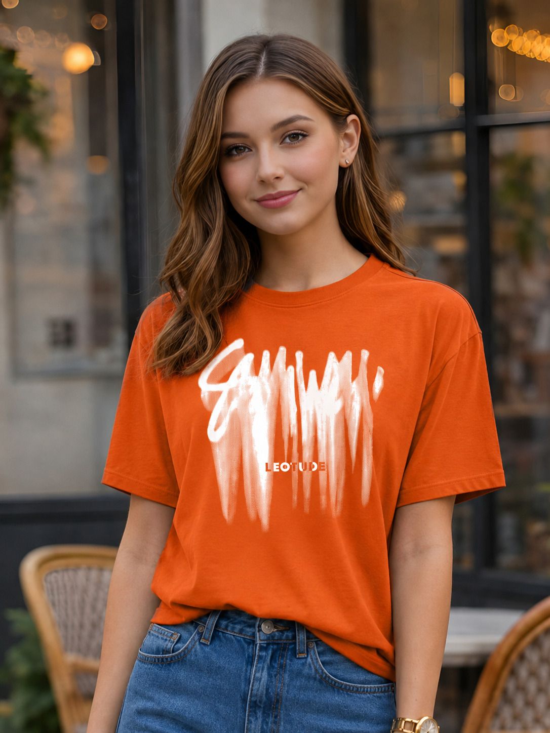 just roar Women Printed Round Neck Cotton Blend Orange T-Shirt-picture-13