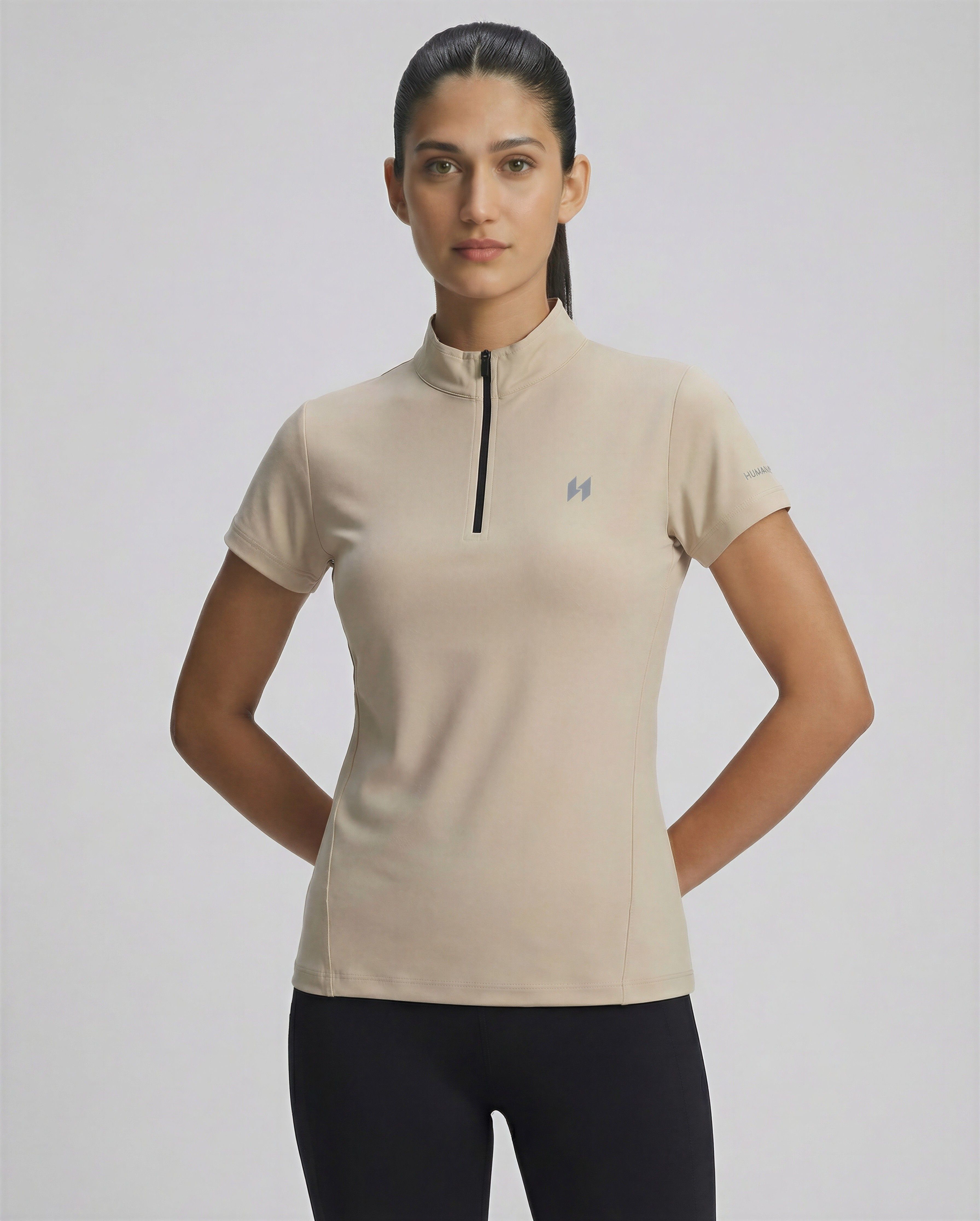 Women Solid High Neck Polyester Beige T-Shirt-image-21