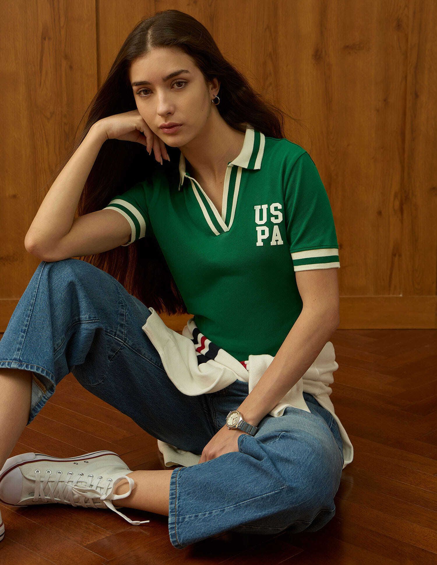 u.s. polo assn. Women Solid Polo Neck Cotton Blend Green T-Shirt-picture-16