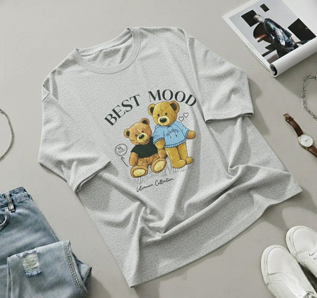 Women Printed Round Neck Cotton Blend Grey T-Shirt-image-37