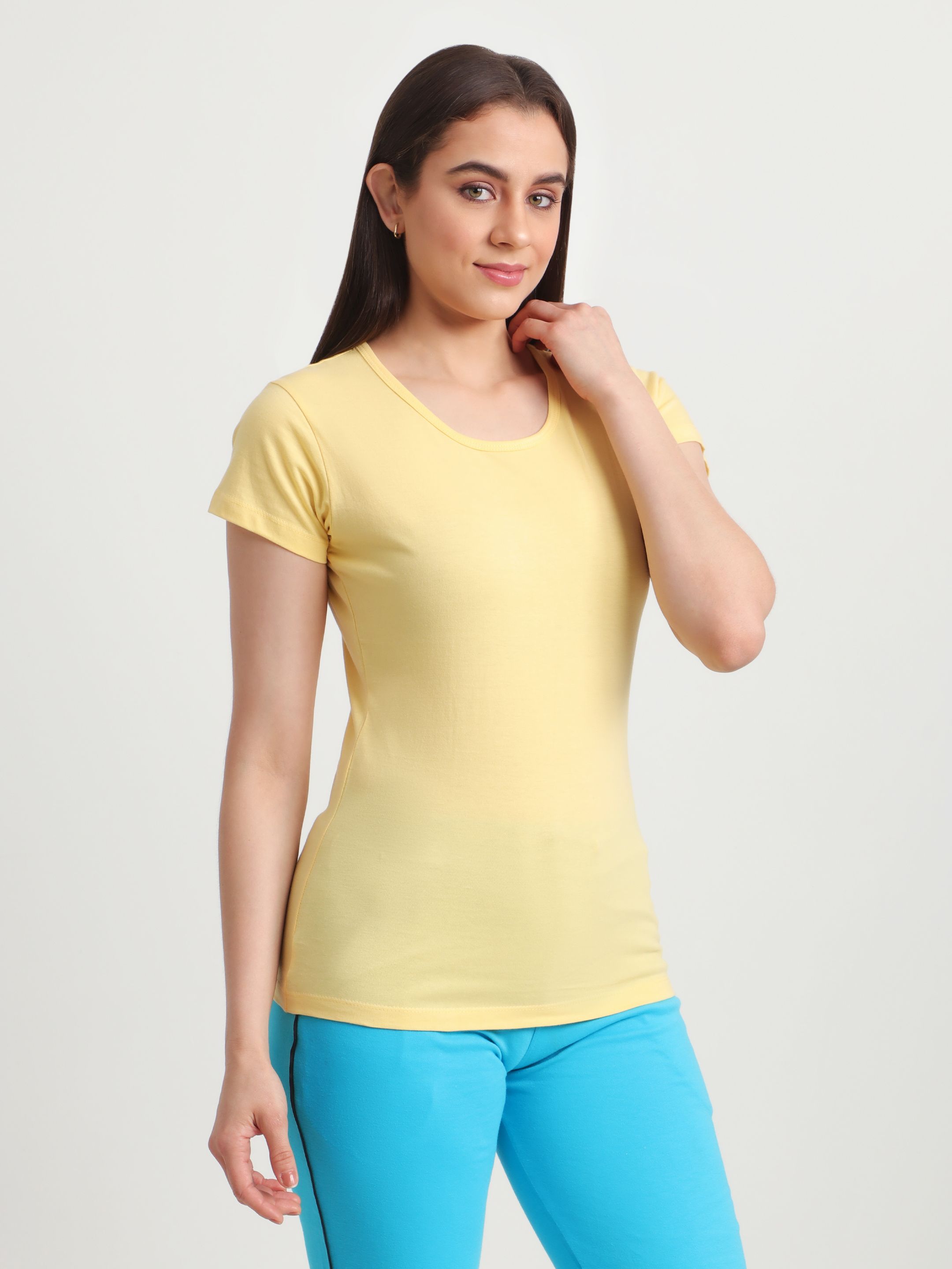 global nomad Women Solid Round Neck Cotton Blend Yellow T-Shirt-picture-45