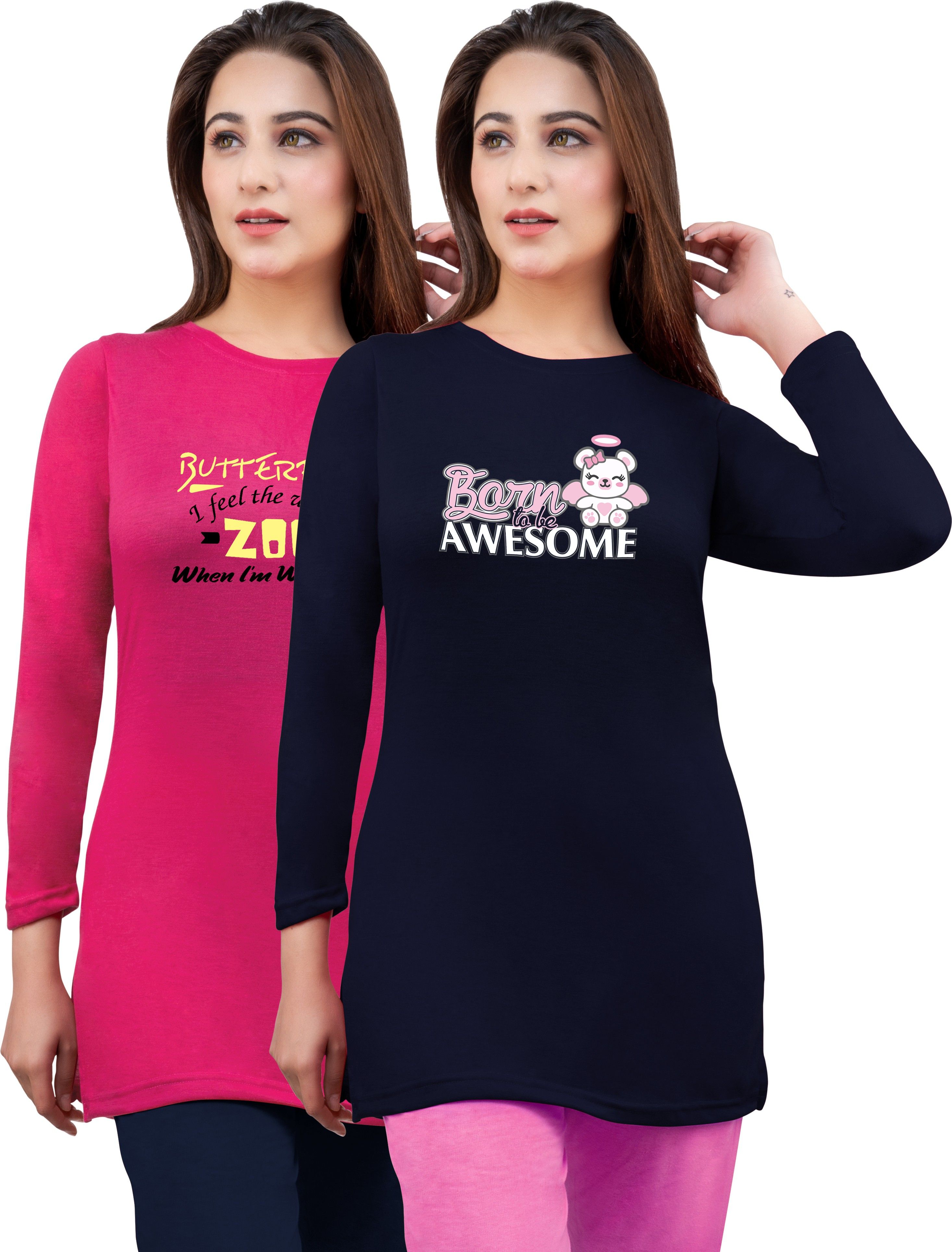 amaha Pack of 2 Women Printed Round Neck Cotton Blend Dark Blue, Pink T-Shirt-picture-20