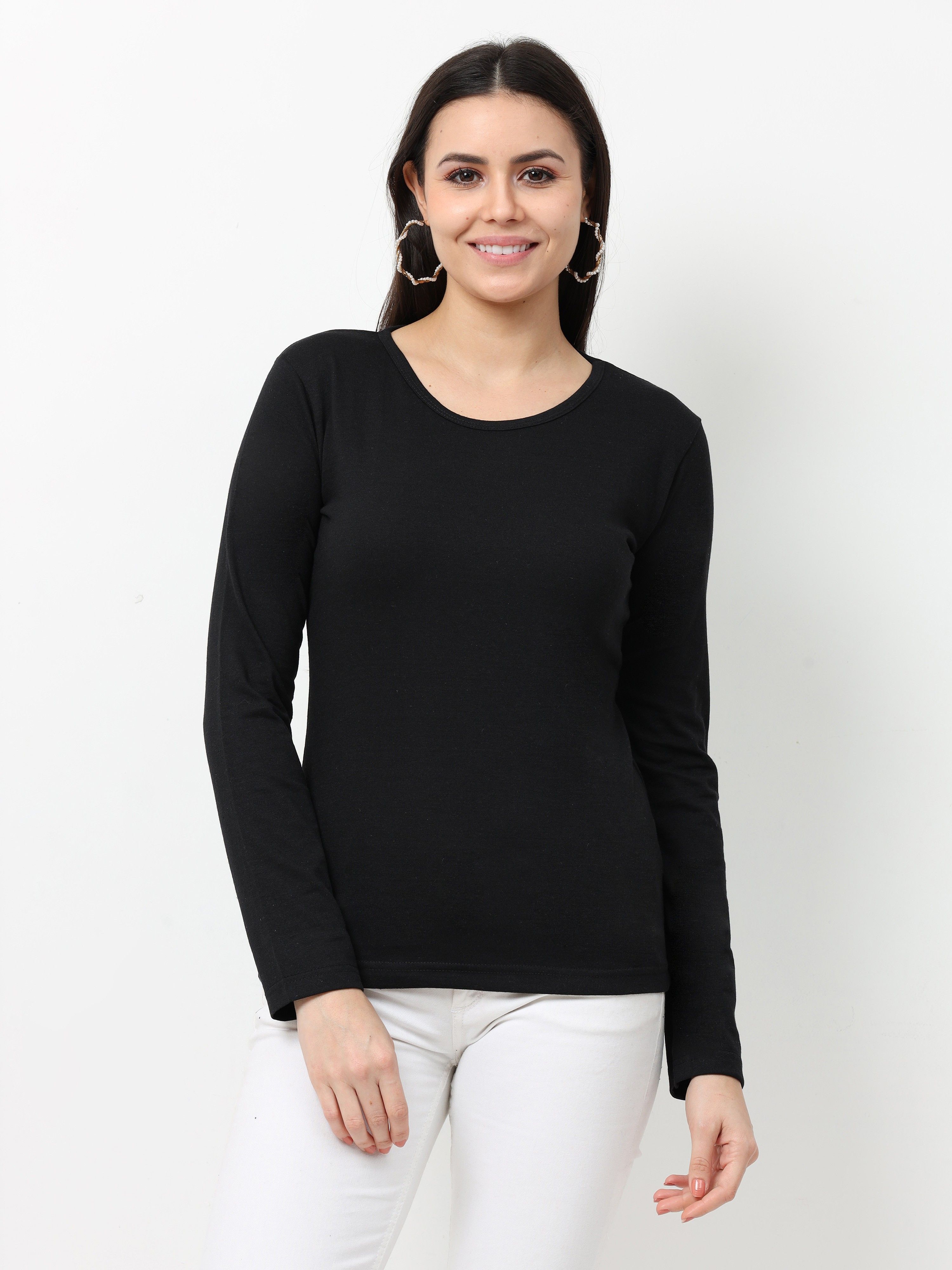 wafaa Women Solid Round Neck Pure Cotton Black T-Shirt-picture-6