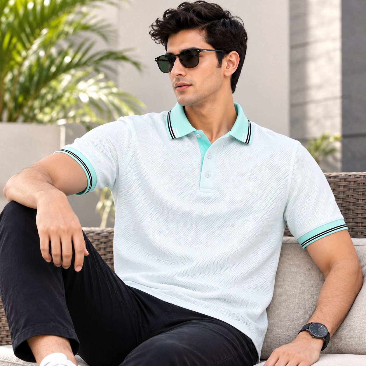 Men Solid, Striped Polo Neck Polycotton Light Green T-Shirt-image-48