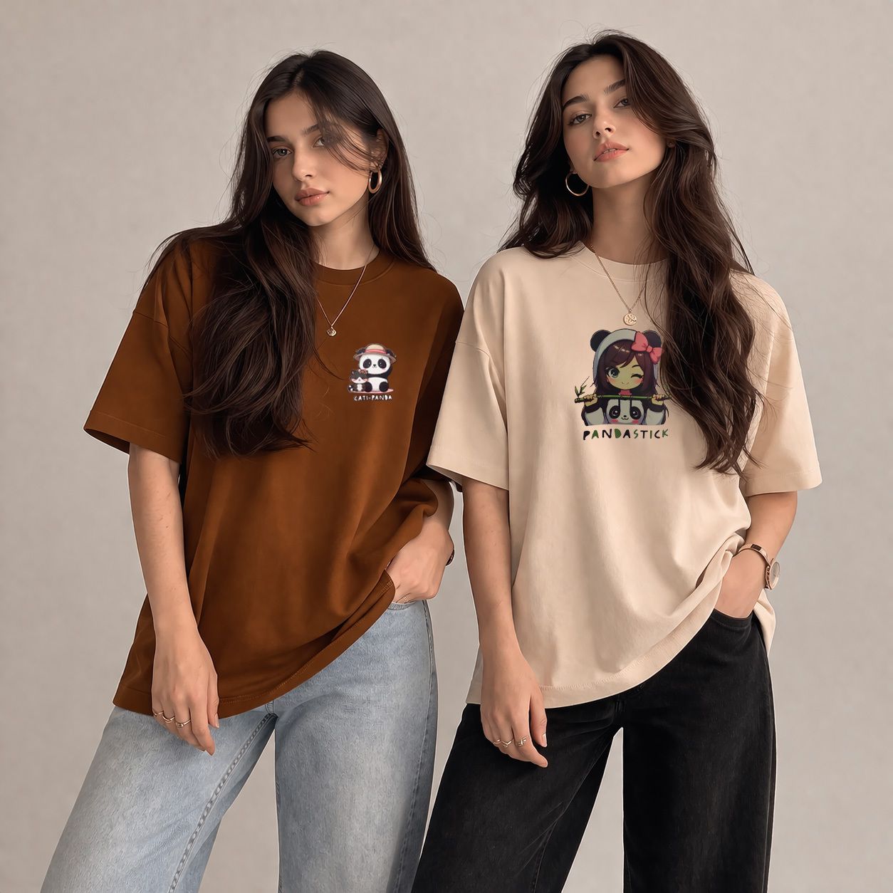 Pack of 2 Women Graphic Print Round Neck Cotton Blend Brown, Beige T-Shirt-image-45