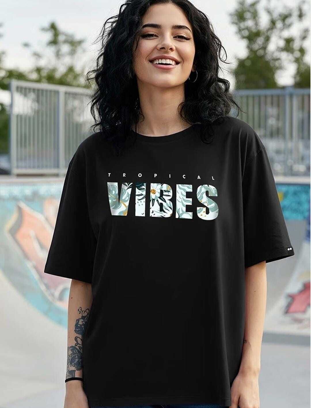 Women Typography Cowl Neck Pure Cotton Black T-Shirt-image-43