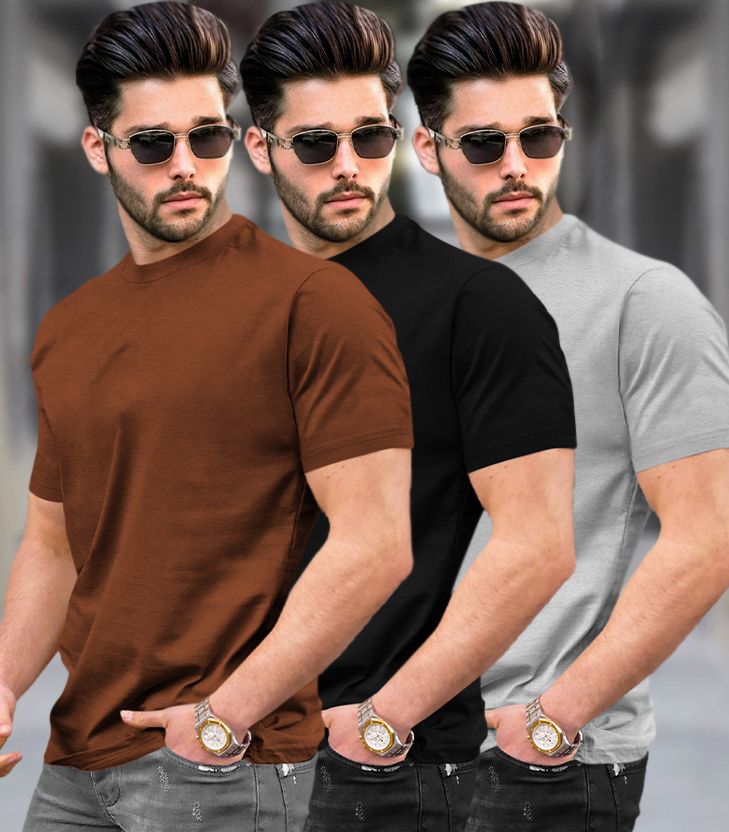 tripr Pack of 3 Men Solid Round Neck Cotton Blend Multicolor T-Shirt-picture-11