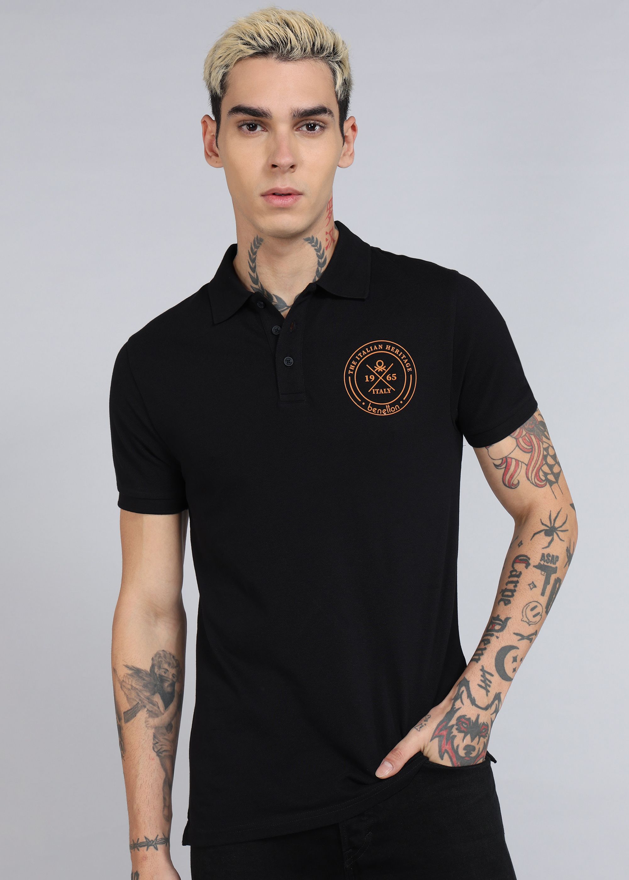 united colors of benetton Men Solid Polo Neck Cotton Blend Black T-Shirt-picture-16