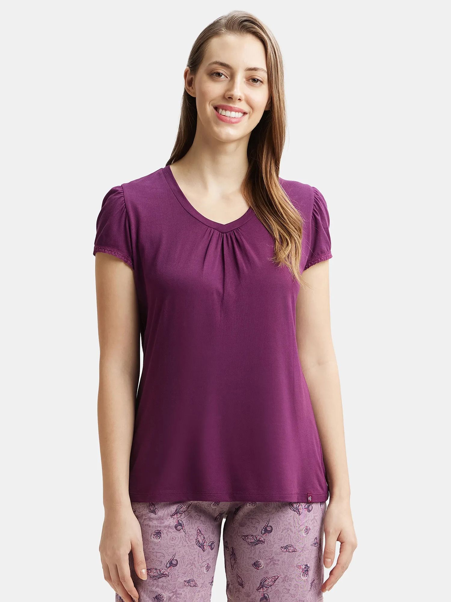 jockey RX12 Women Solid V Neck Modal Purple T-Shirt-picture-22