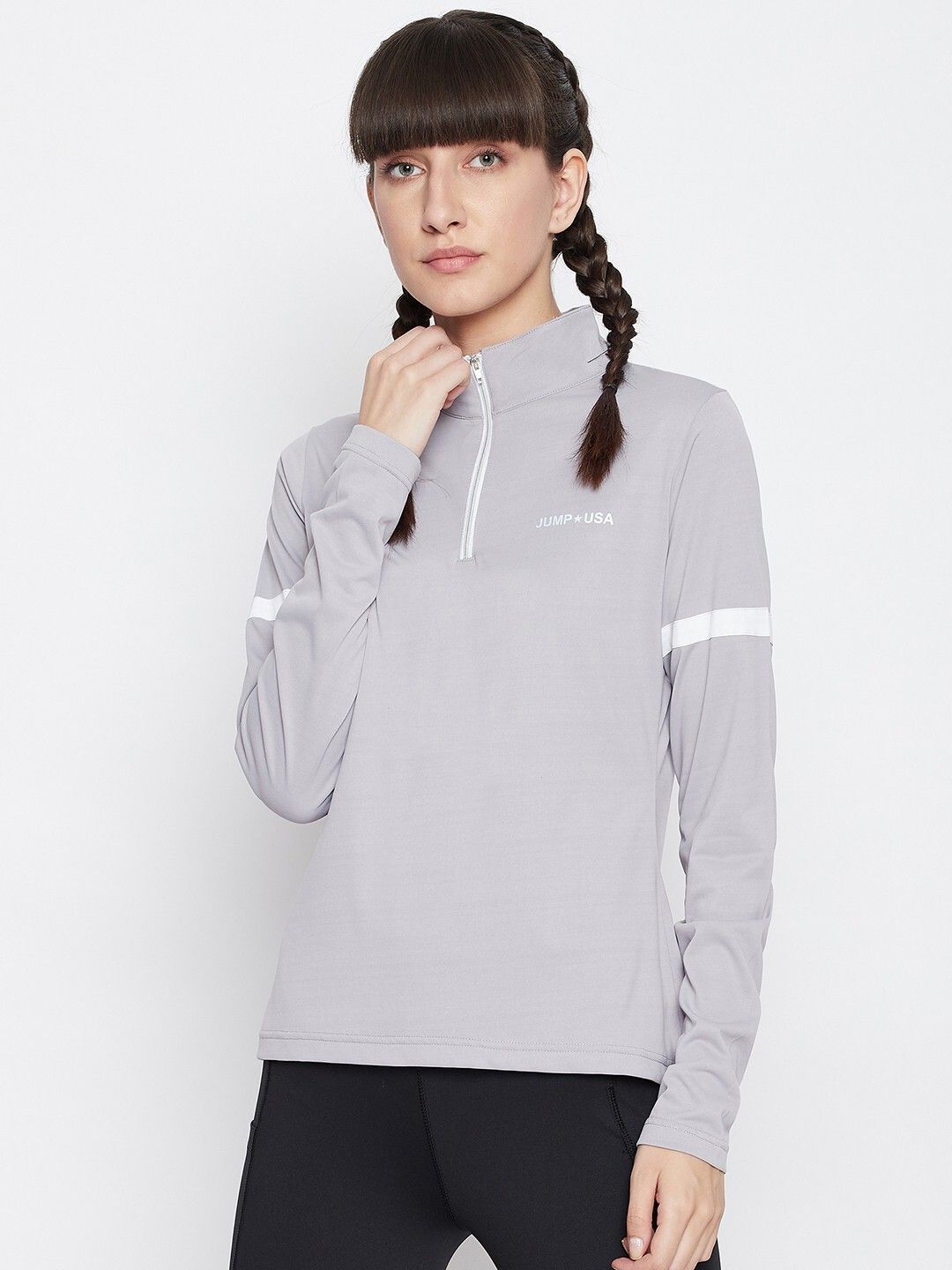 jump usa Women Solid Turtle Neck Polyester Grey T-Shirt-picture-14