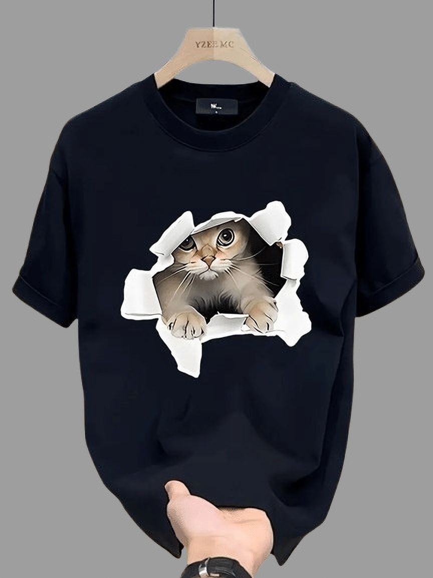 Women Graphic Print Round Neck Cotton Blend Black T-Shirt