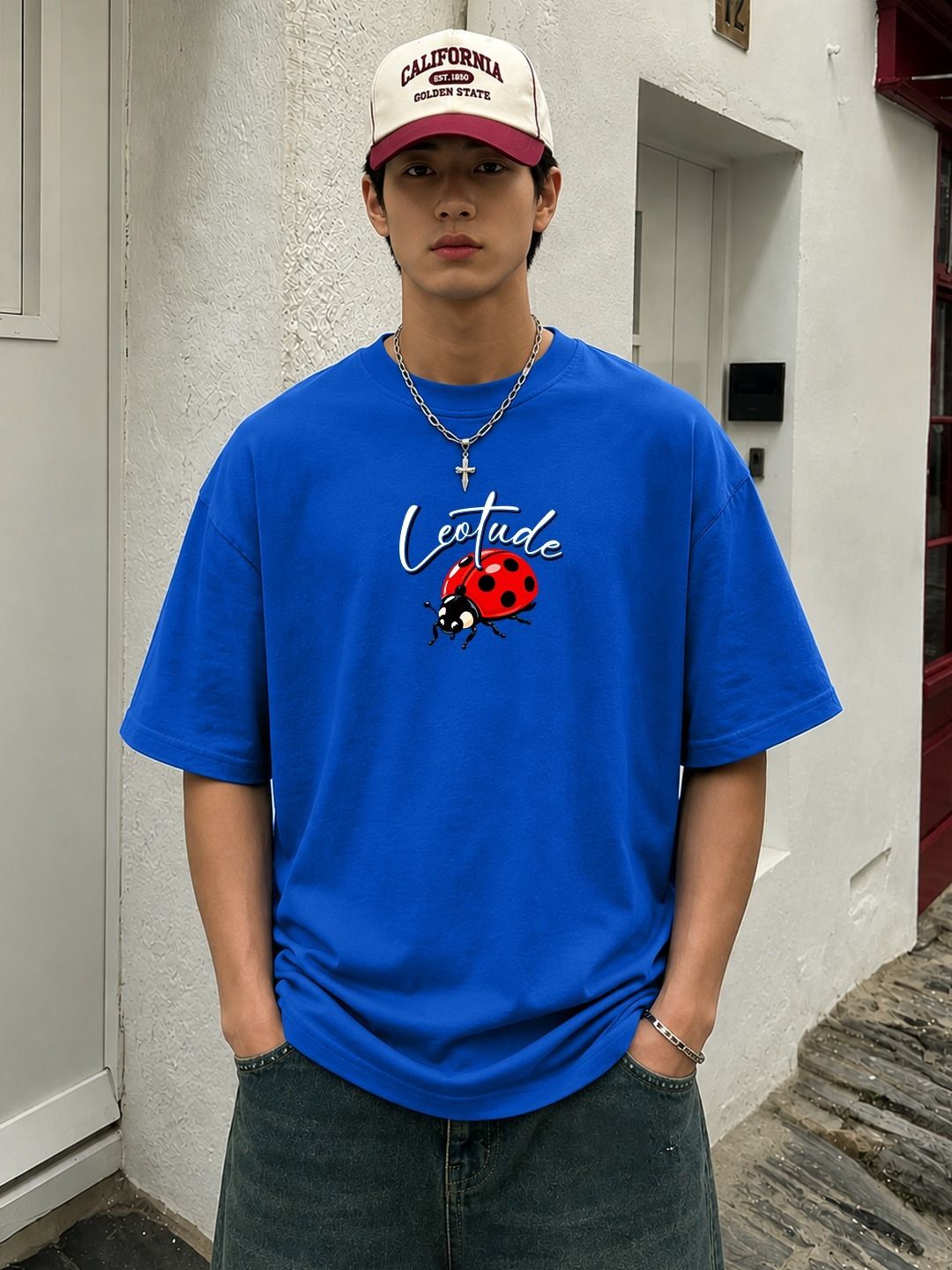 Men Printed Round Neck Pure Cotton Blue T-Shirt-image-12