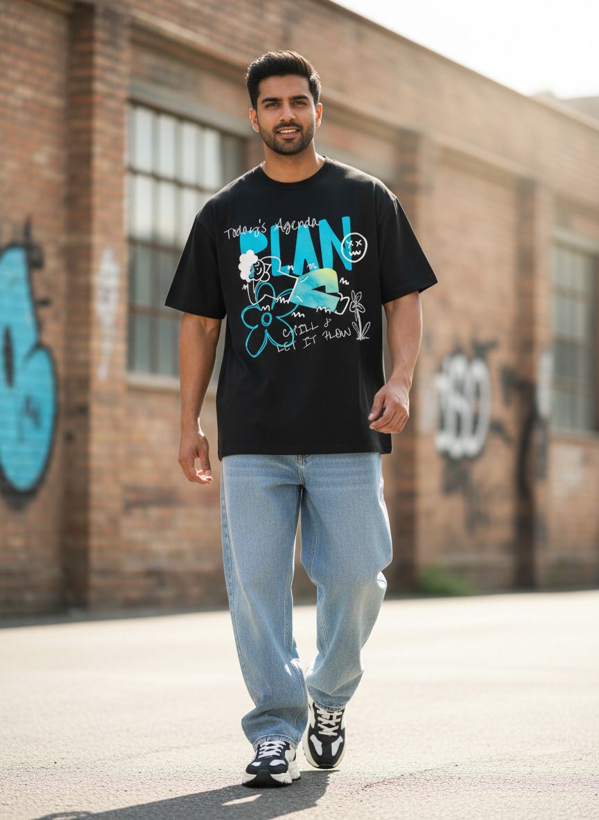 Men Graphic Print, Typography Round Neck Pure Cotton Black T-Shirt-image-1