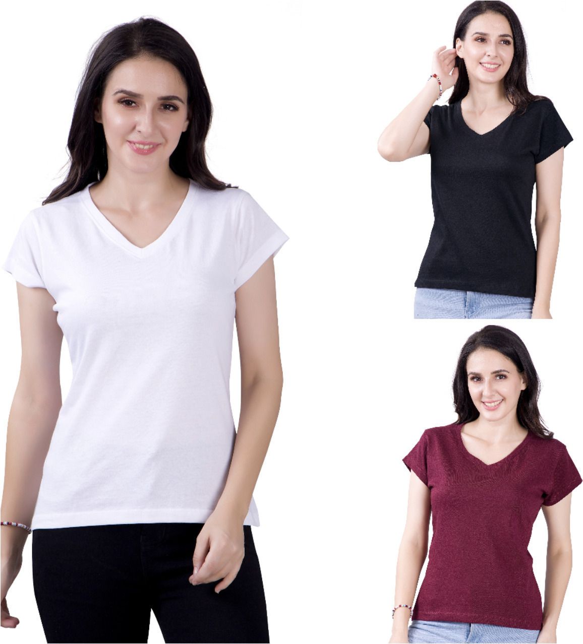 pack of 3 women solid v neck cotton blend black, white, maroon t-shirt