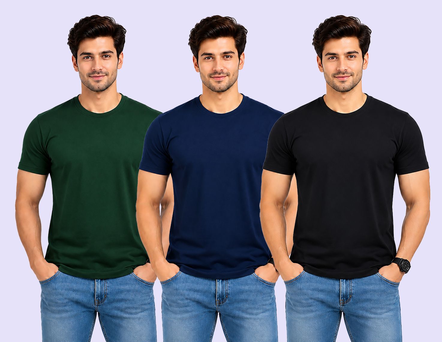think tech Pack of 3 Men Solid Round Neck Polyester Dark Green, Dark Blue, Black T-Shirt-picture-3