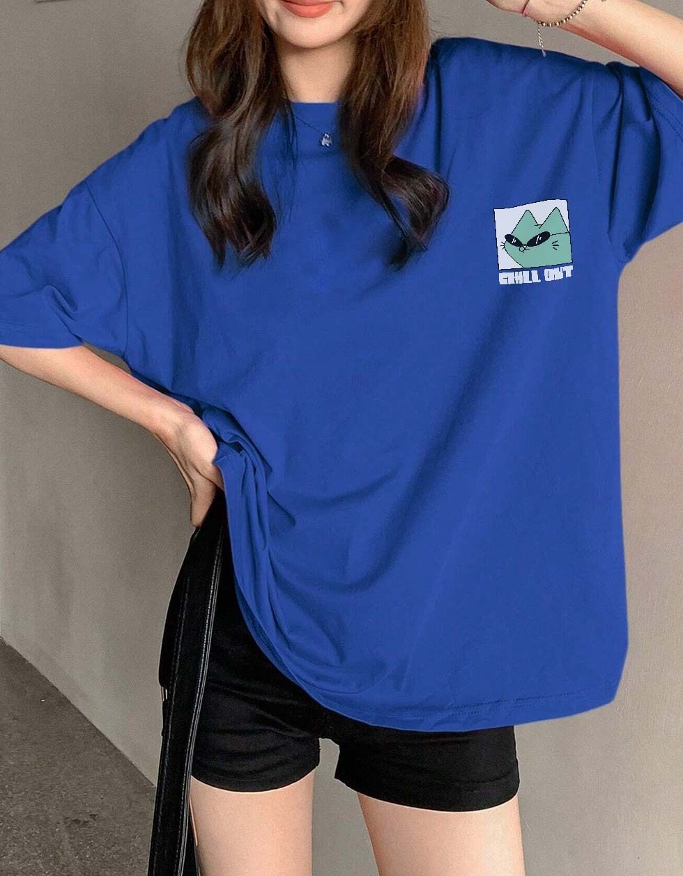 veirdo Oversize Women Typography Round Neck Pure Cotton Blue T-Shirt-picture-10