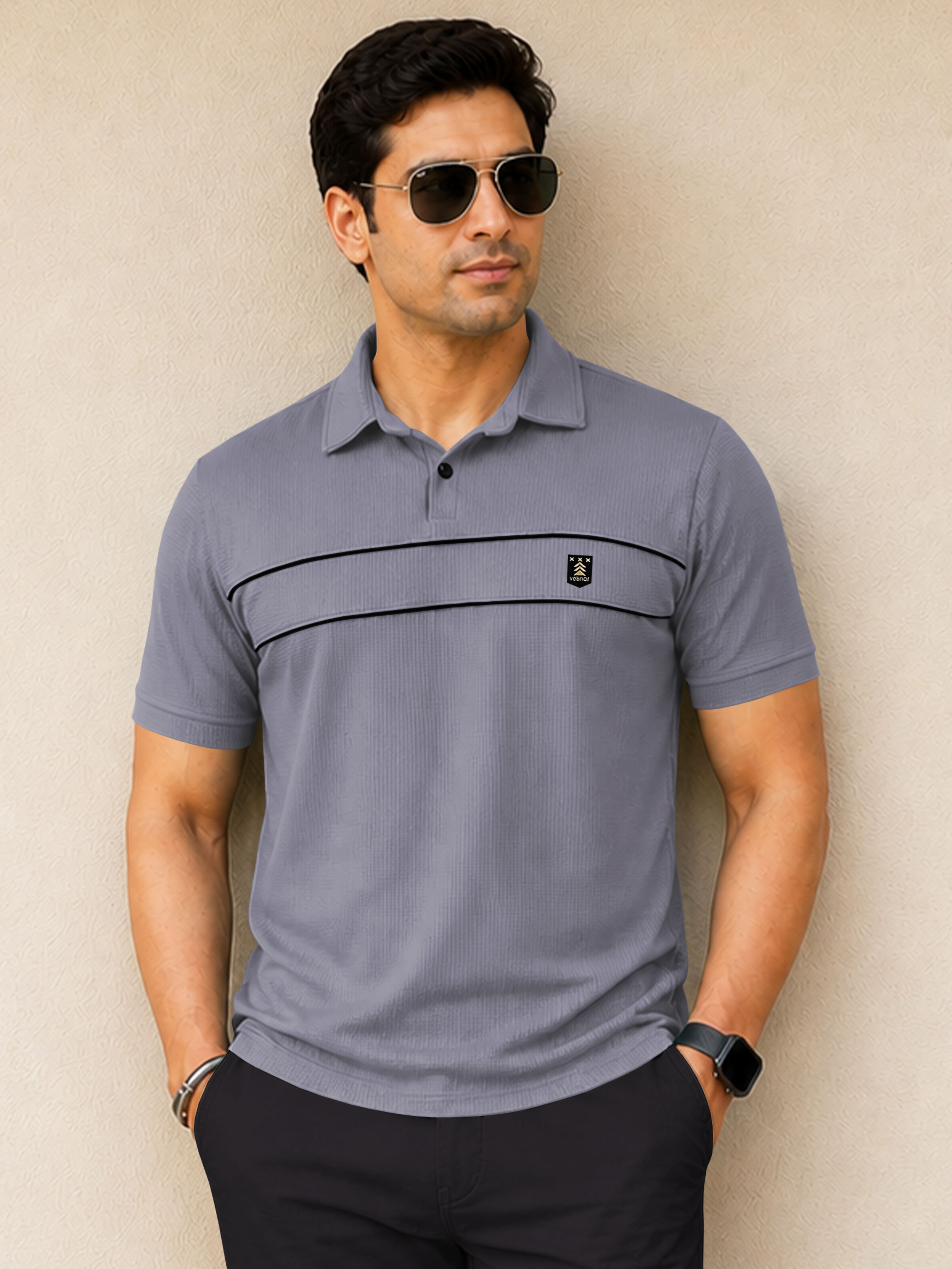 vebnor Men Solid Polo Neck Polyester Grey T-Shirt-picture-19